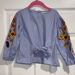 Zara Light Blue Girls' Top with Floral Embroidered Sleeves and Front Bow